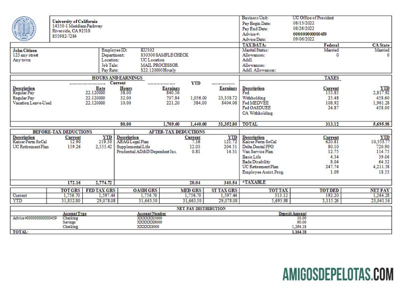 Recibo de pagamento de empresa educacional da Universidade da Califórnia dos EUA exemplo real